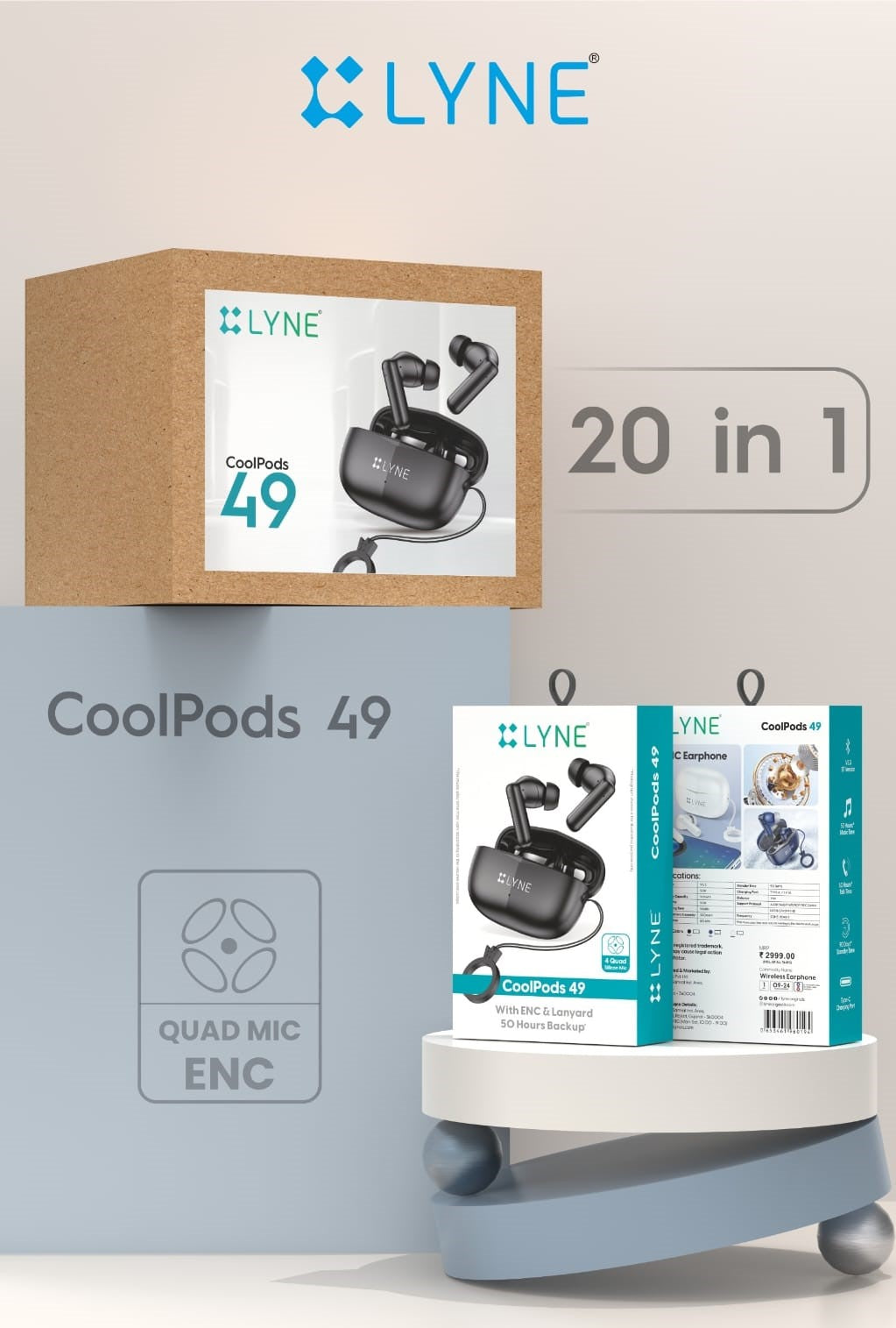 LYNE Coolpods 49 -True Wireless Earbuds with Deep Bass, ENC Mic & 42H Playtime Bluetooth